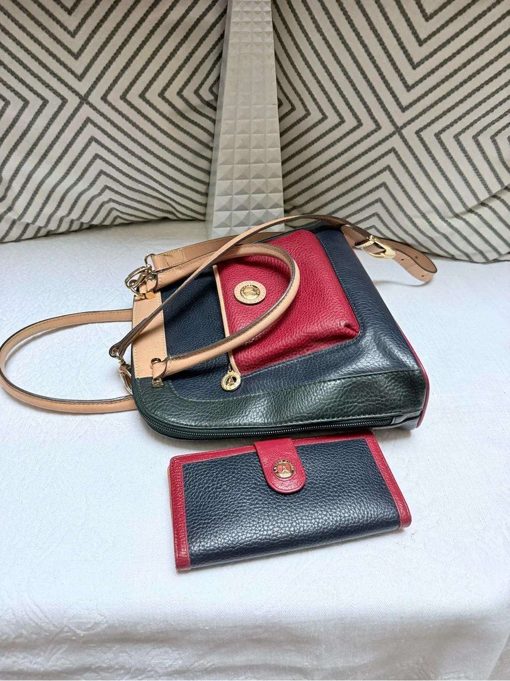 La Tour Eiffel Vintage  Tri Color Pebbled Leather Satchel with Matching Wallet